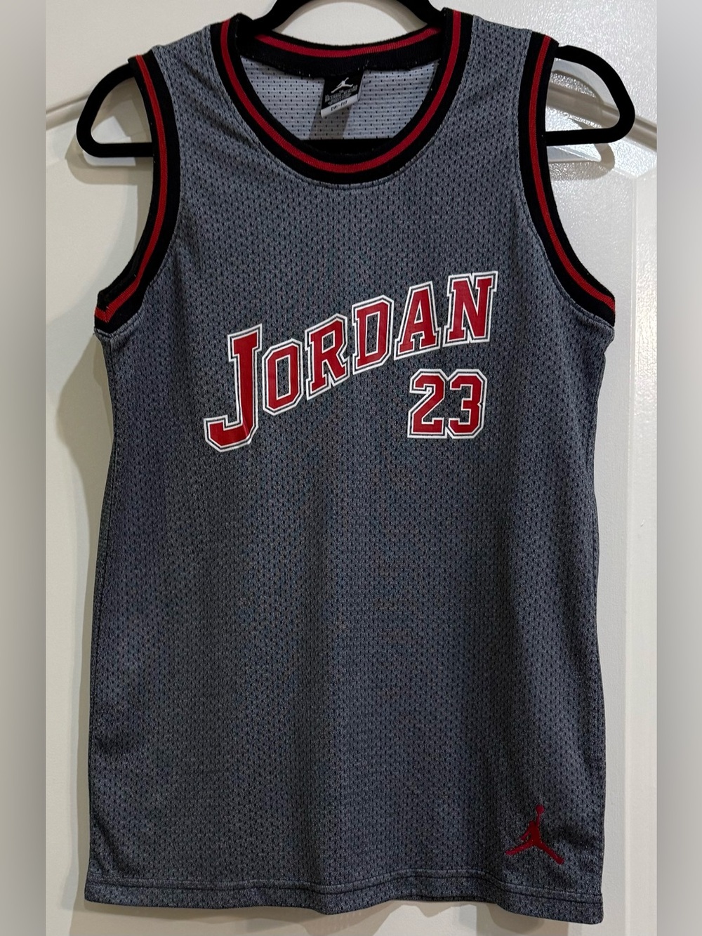 Jordan Gray Mesh Basketball Jersey with Red and Black Trim